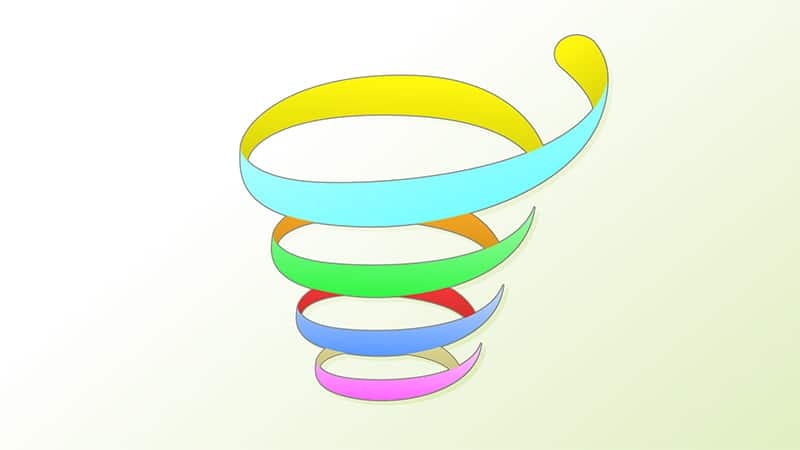 Illustration d'une spirale dynamique aux couleurs vives, composée de rubans enroulés successivement. Chaque section de la spirale est d'une couleur différente : jaune, bleu, vert, rouge, violet et orange, donnant un effet de mouvement et de profondeur. La spirale s'élargit vers le haut et rétrécit vers le bas, créant une impression de montée progressive.