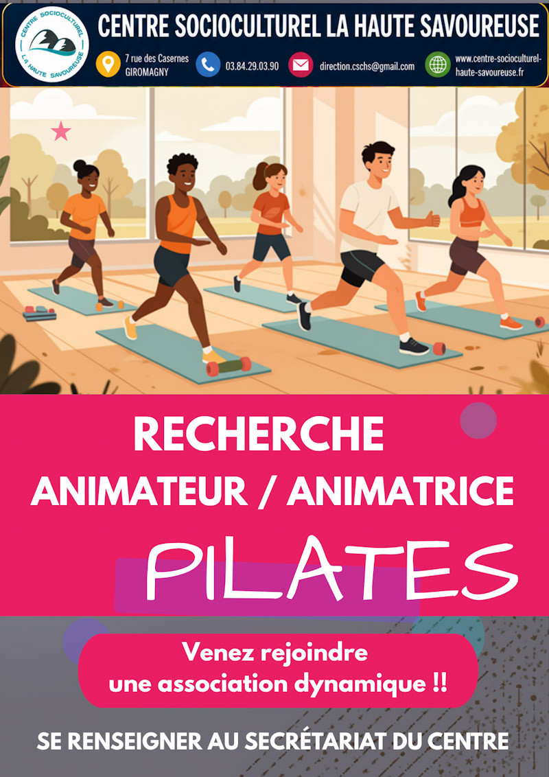Affiche de recherche d’un animateur ou d’une animatrice Pilates en 2026 pour le Centre Socioculturel La Haute Savoureuse à Giromagny.