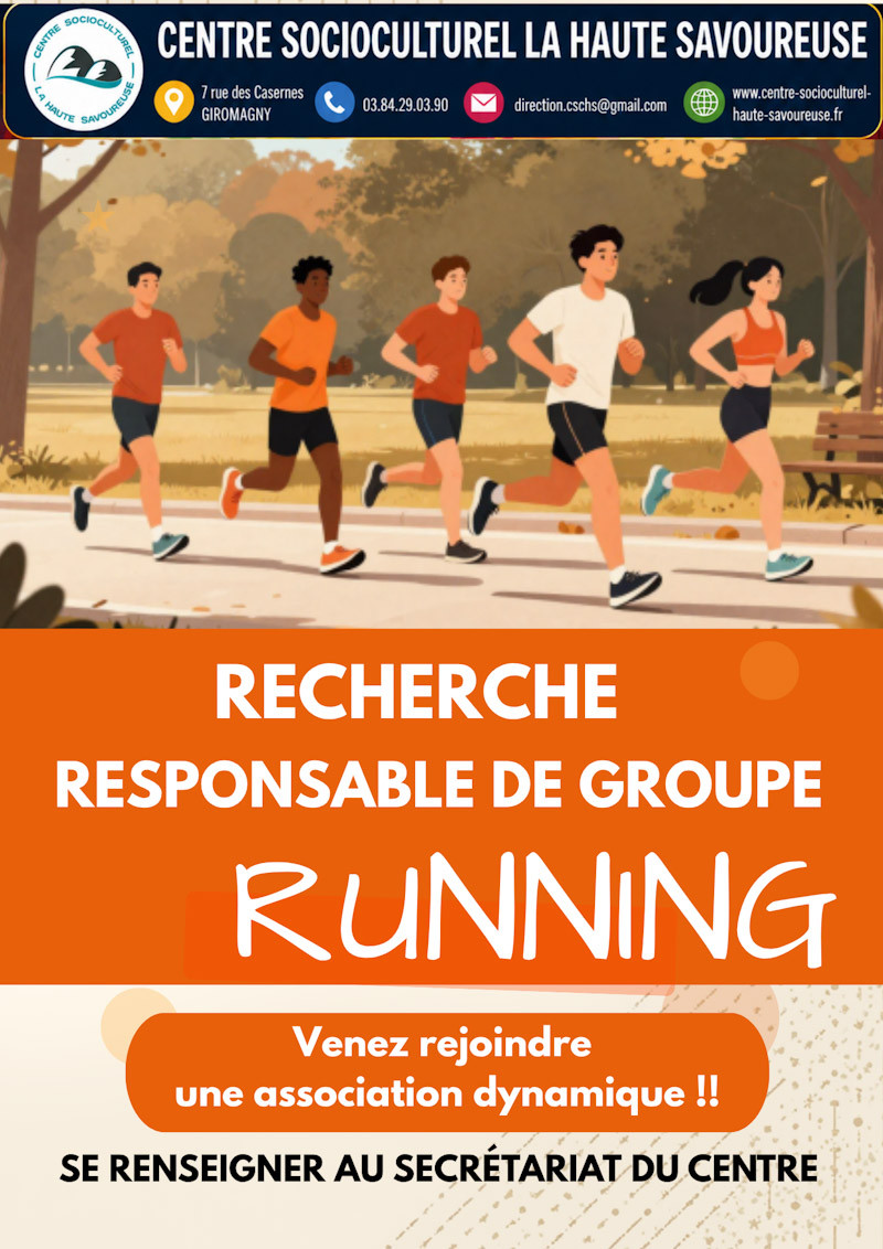 Affiche du Centre Socioculturel La Haute Savoureuse recherchant une personne pour animer un groupe running convivial et accessible à tous pour l'année 2026.