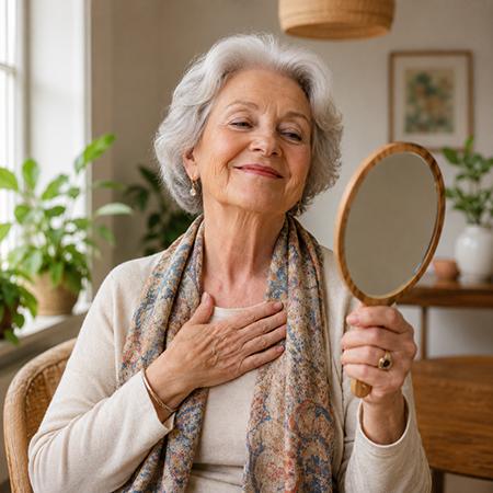 atelier-estime-de-soi-seniors Souriante devant son miroir, une personne âgée illustre un **atelier estime de soi séniors**, favorisant la confiance en soi, l'image de soi et le bien-être.