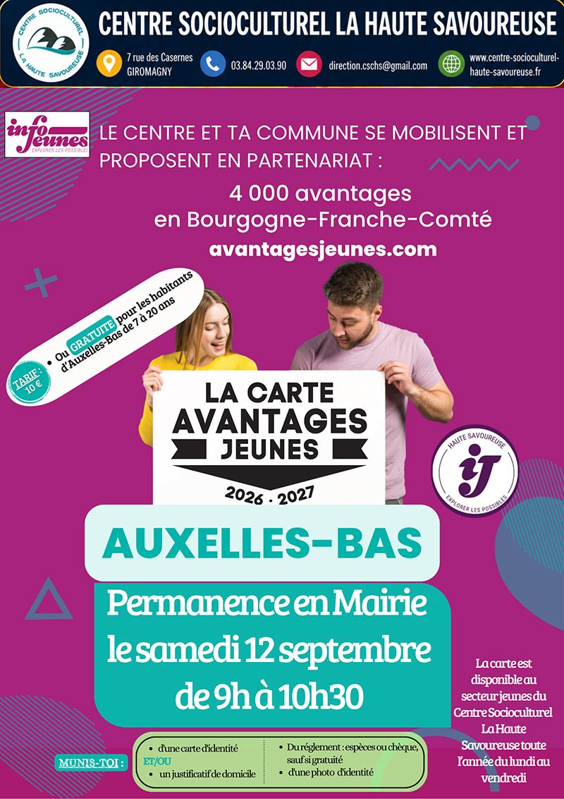 Affiche annonçant une permanence de la "Carte Avantages Jeunes" à Auxelles-Bas le "samedi 12 septembre de 9h à 10h30", organisée en partenariat avec Info Jeunes et le Centre Socioculturel La Haute Savoureuse.