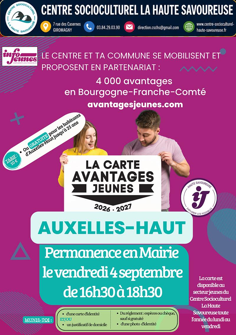 Affiche annonçant une permanence de la "Carte Avantages Jeunes" à Auxelles-Haut le "vendredi 4 septembre de 16h30 à 18h30", organisée en partenariat avec Info Jeunes et le Centre Socioculturel La Haute Savoureuse.