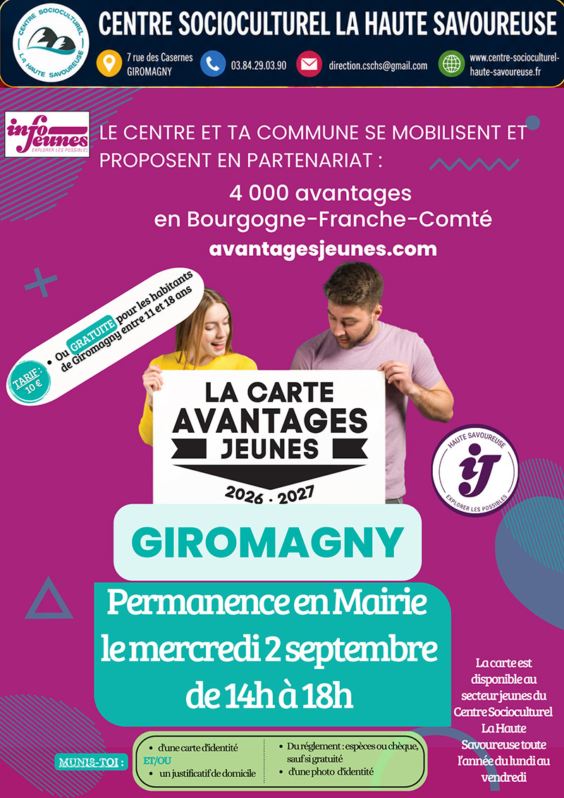 Affiche annonçant une permanence de la "Carte Avantages Jeunes" à Giromagny le "mercredi 2 septembre de 14h à 18h", organisée en partenariat avec Info Jeunes et le Centre Socioculturel La Haute Savoureuse.
