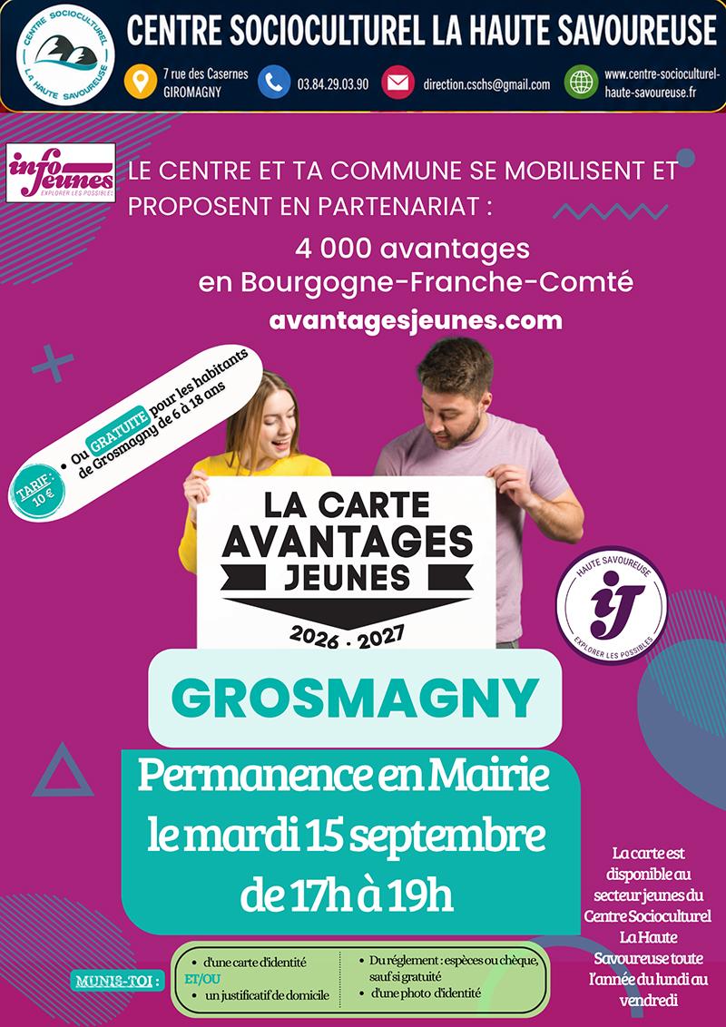 Affiche annonçant une permanence de la "Carte Avantages Jeunes" à Grosmagny le "mardi 15 septembre de 17h à 19h", organisée en partenariat avec Info Jeunes et le Centre Socioculturel La Haute Savoureuse.
