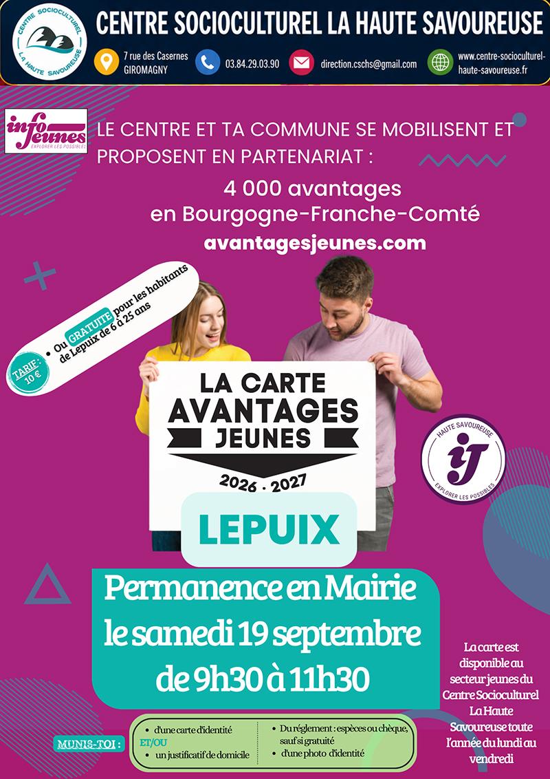 Affiche annonçant une permanence de la "Carte Avantages Jeunes" à Lepuix le "samedi 19 septembre de 9h30 à 11h30", organisée en partenariat avec Info Jeunes et le Centre Socioculturel La Haute Savoureuse.