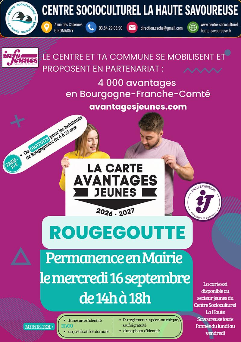 Affiche annonçant une permanence de la "Carte Avantages Jeunes" à Rougegoutte le "mercredi 16 septembre de 14h à 18h", organisée en partenariat avec Info Jeunes et le Centre Socioculturel La Haute Savoureuse.