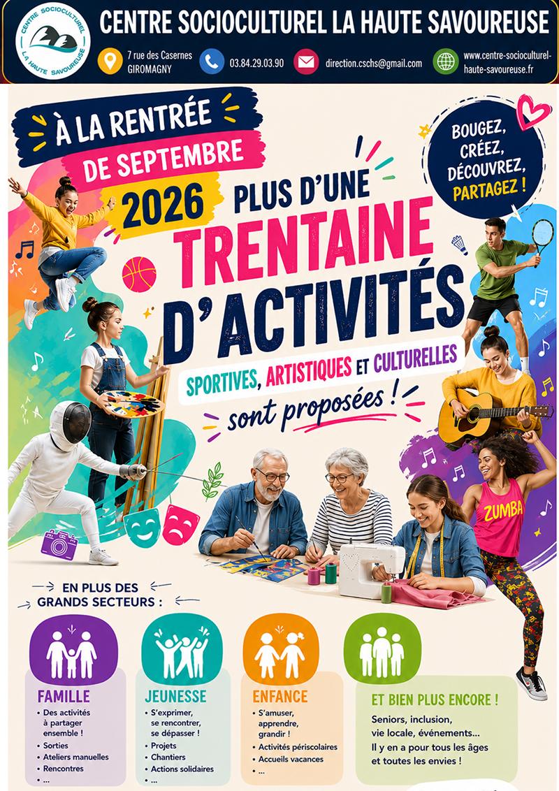 Affiche de la "rentrée de septembre 2026" du "Centre Socioculturel La Haute Savoureuse" présentant plus de trente activités sportives, artistiques et culturelles pour tous les âges : famille, jeunesse, enfance, seniors et inclusion.