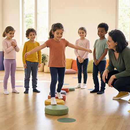 Enfants participant à un parcours d'équilibre lors de l'activité Grandir en confiance, favorisant la motricité, la confiance en soi, la concentration et le développement global dans un cadre ludique et bienveillant.