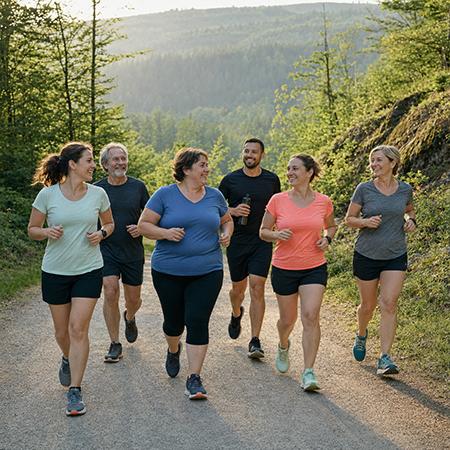 Groupe de participants pratiquant le Running pour Tous sur un chemin en pleine nature, dans une ambiance conviviale, adaptée à tous les niveaux, pour entretenir sa condition physique et partager le plaisir de courir.