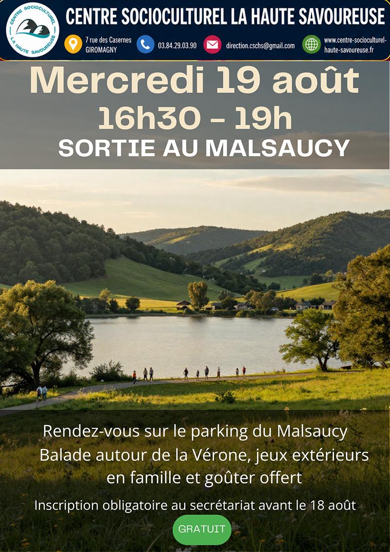 Affiche annonçant une sortie au Malsaucy le "mercredi 19 août de 16h30 à 19h", avec balade autour de la Vérone, jeux en famille et goûter offert, organisée par le Centre Socioculturel La Haute Savoureuse.